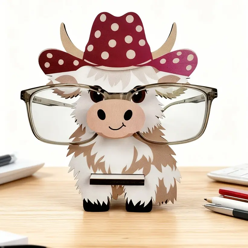 Highland Cow Wooden Glasses Stand - with glasses and hat details, perfect for home or office decoration, used for desktop decoration, glasses display, glasses storage, Desktop Accessory, Aesthetic Desk Accessories