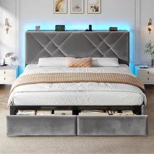 【2 Storage Drawers】King/Queen Size Bed Frame with 45''H Adjustable Velvet Headboard,900 LBs Capacity,Sturdy & Stable Structure,Central Support,Upholstered Platform LED Bed Frame with USB Outlet,No Mattress,No Noise,Help you fall into a deep Sleep