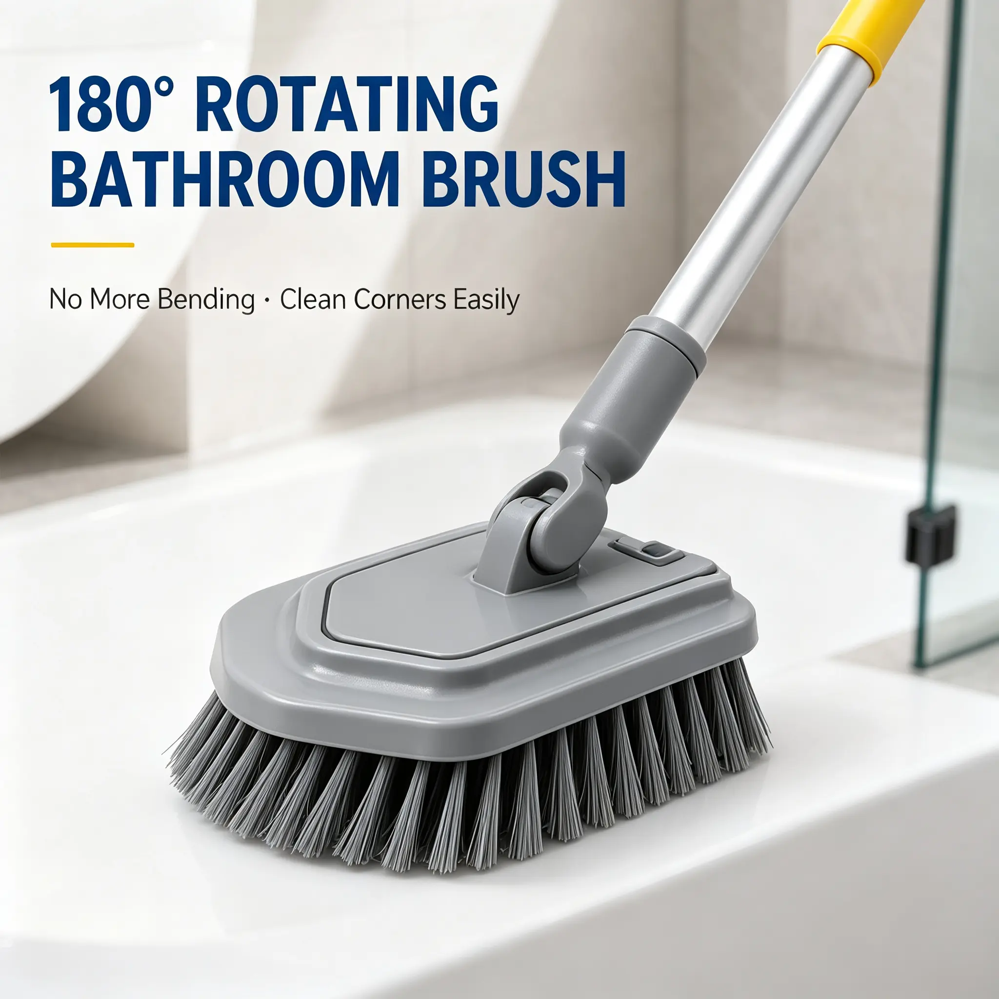 Extendable Steel Shower Scrubber Brush with Handle - 31-42 in Adjustable Length, 180° Swiveling Head (Swivels), 2 Interchangeable Nylon Bristle & Microfiber Pad Heads for Bathtub, Tile