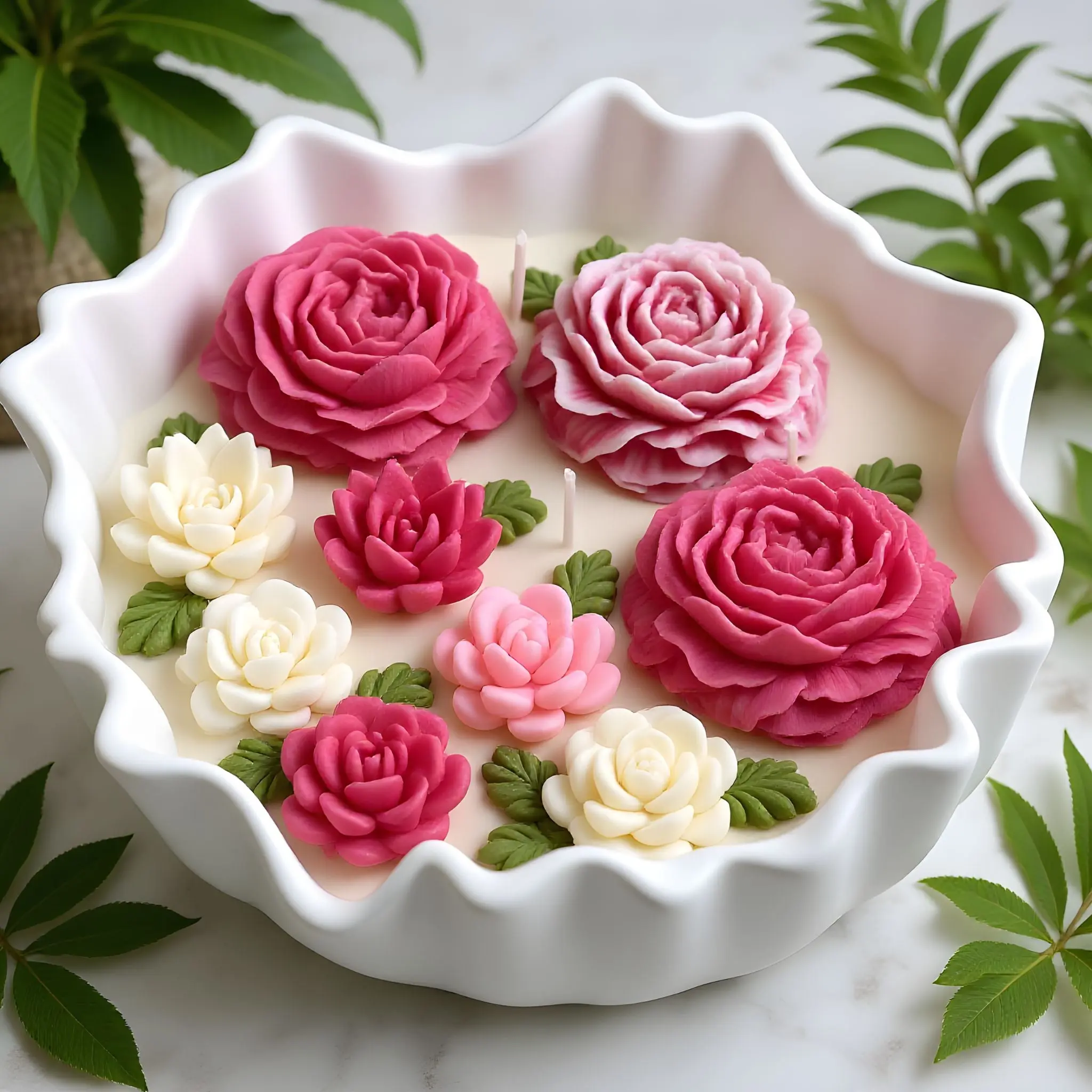 Handmade Ceramic Candleholder - 8.1in×6.9in×2.5in Luxury Floral Stone-Effect Minimalist Modern Candle Bowl, Sustainable Vegetable Wax Holder with Cotton Wick, Lightweight Centerpiece for Home Decor, Long-Lasting Garden Gift