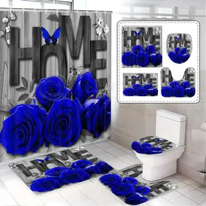 Romantic Blue Rose Shower Curtain Set, Includes Bath Mat, Toilet Lid Cover & U-Shaped Tray, Elegant Bathroom Decor Gift