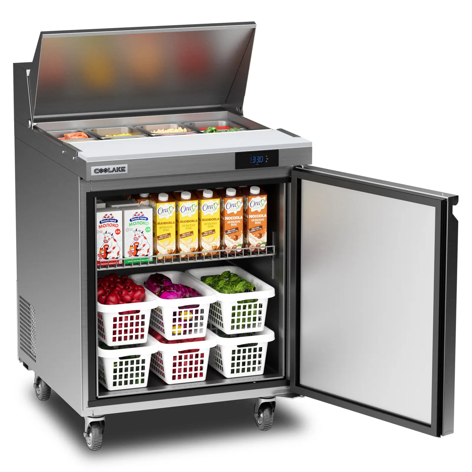 Coolake 27'' W Commercial Refrigerator Sandwich Salad Prep Table, 1 Door Sandwich Fridge with 8 GN 1/6 Pans
