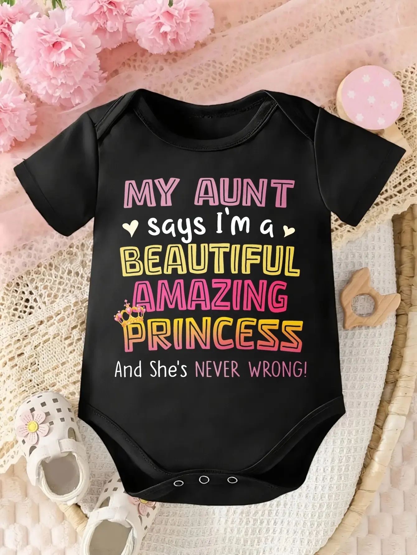 Baby Girl Breathable Cotton Underwear Short-Sleeve Newborn Bodysuit, Cute Family Quote Graphic Romper, "My Aunt Says I'm a Beautiful Princess" Onesie, Gentle Fabric