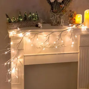 1pc Warm Lighted Christmas Garland, 6ft White Birch Garlands with 48 LED Warm White Lights, White Twig Branch Garland Xmas Decoration for Bedroom Fireplace Mantle Mantel Home Party Holiday Decor