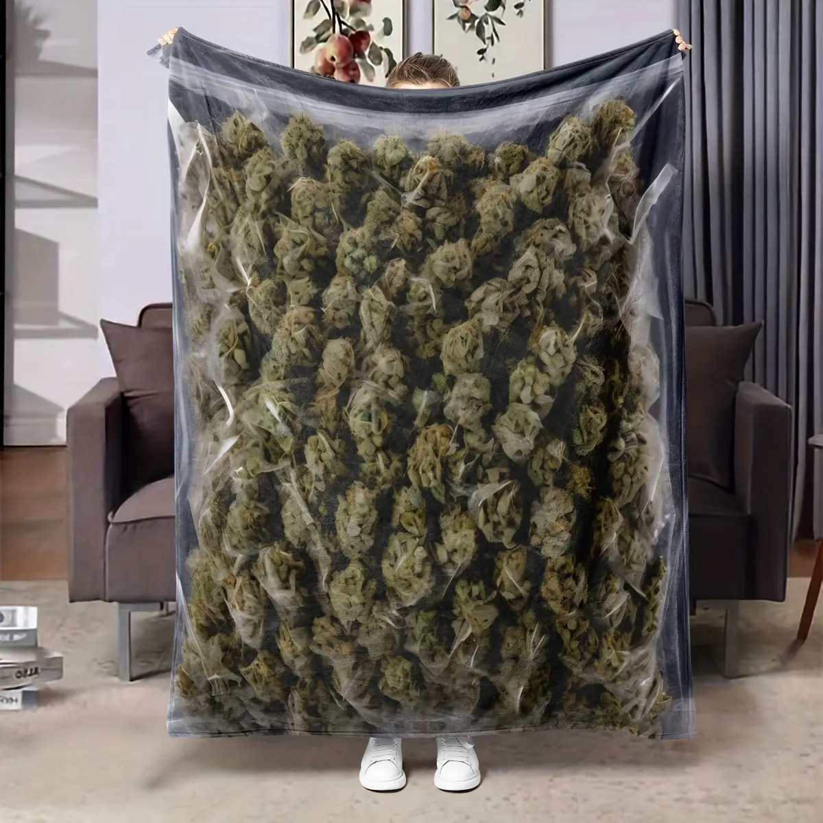 Novelty Dank Weed Themed Plush Blanket Single Sided Printing Green Plant Sealed Bag Flannel Blanket Ultra Soft Breathable Nap Blanket for Office Home Car Gift