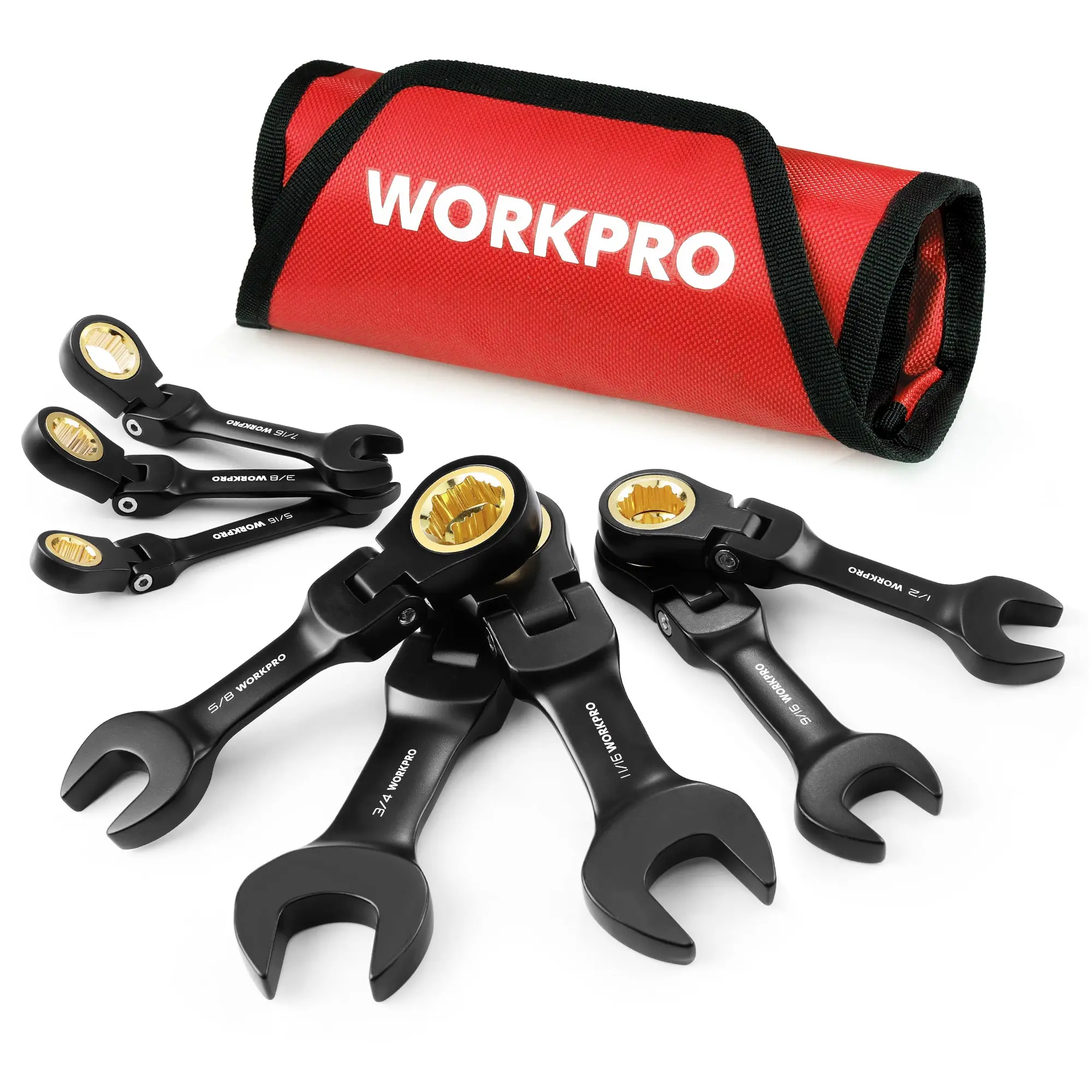 #fathersdaygift WORKPRO 8-Pack Flex-Head Stubby Anti-slip Ratcheting Wrench Set with Rolling Pouch
