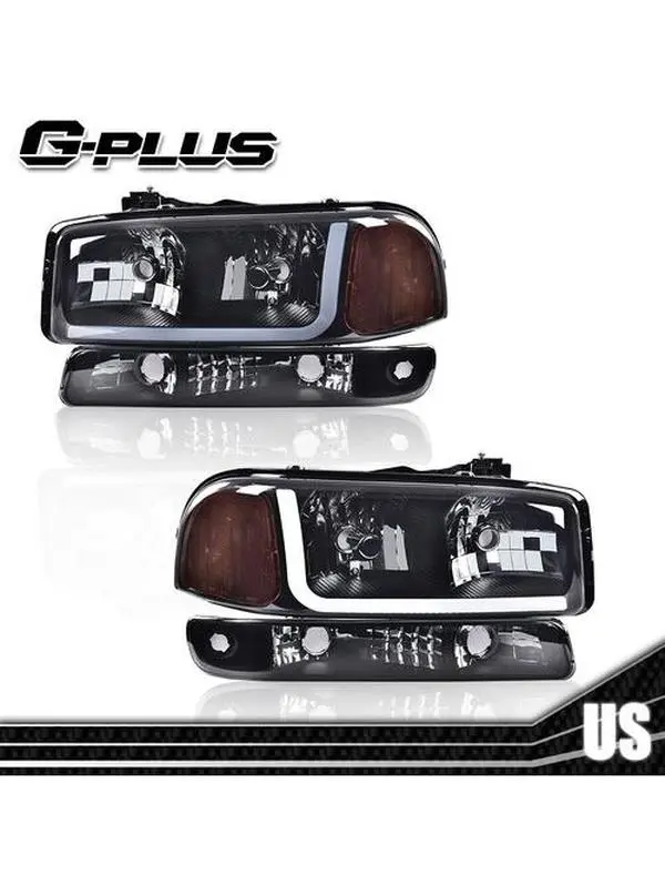 LED Car Headlights & Bumper Lamps Pair Set for 1999-2007 GMC Sierra/Yukon Trucks, Bolt-On Driver+Passenger, Black/Clear