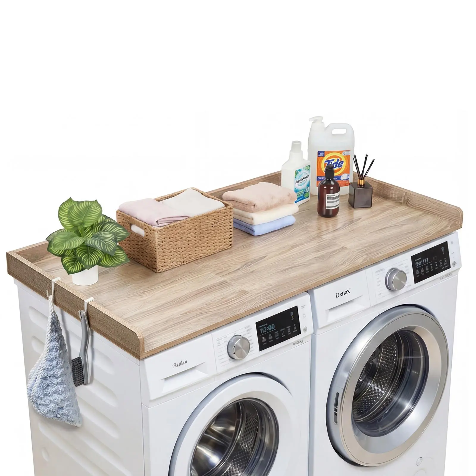 VEVOR Washer and Dryer Countertop, 53.9x27.5in P2 Grade Particle Board Laundry Machine Topper with Edge, 2 Storage Hooks, 8 Grip Pads, Water-Resistant, 250 lbs Capacity, Easy Assembly for Laundry Closet & Pantry