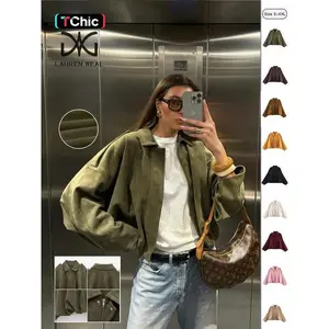 Women's Fashion Olive Suede Jacket, Lapel Zipper Coat, Perfect Fall Winter Style, Stylish Outerwear for Ladies(gift)