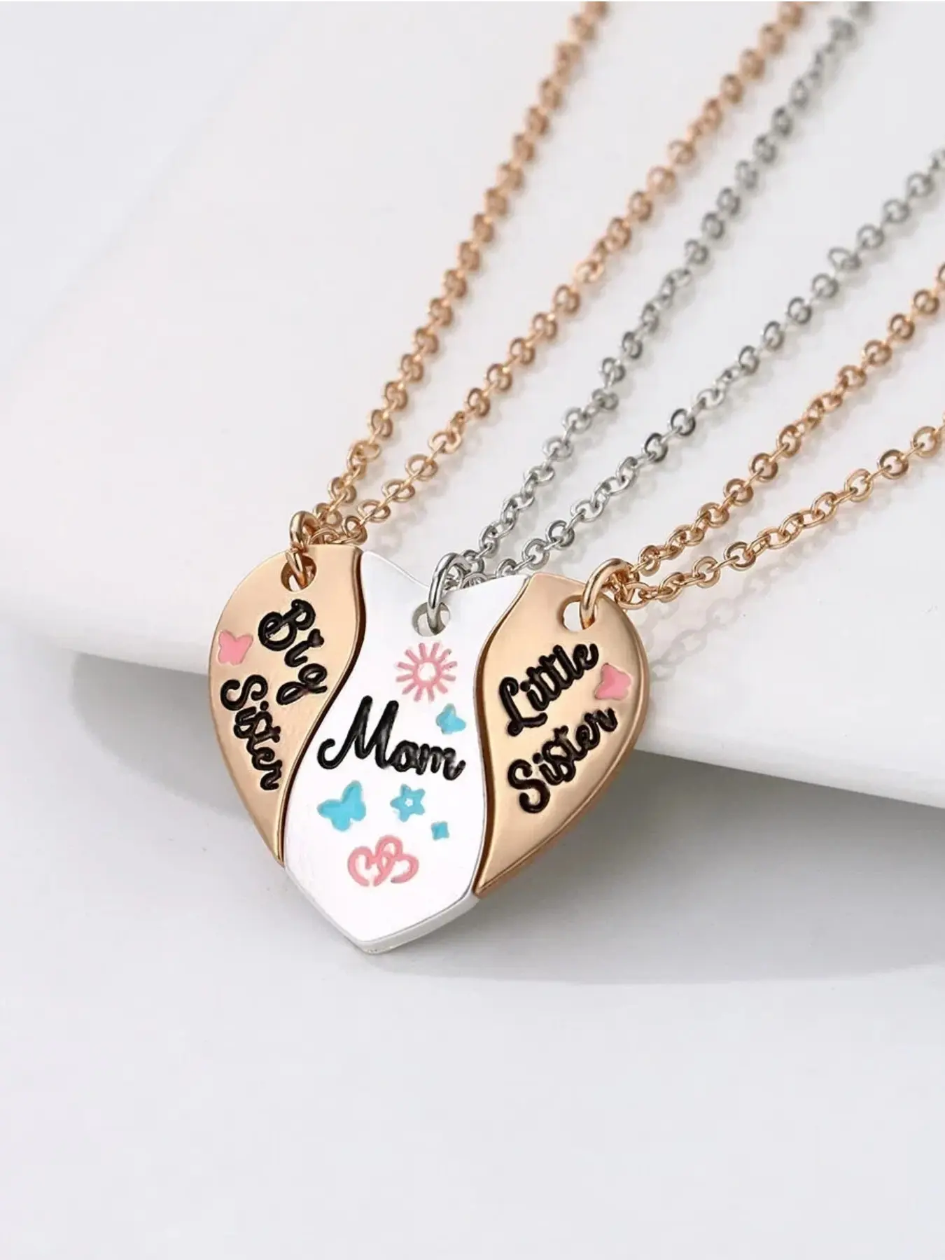 3-Piece Mom and Daughter Heart Necklace Set, Big Sister Little Sister Matching Pendants, Family Jewelry Gift Set, Ideal for Mother's Day or Birthday, Alloy Necklace, Matching Necklaces