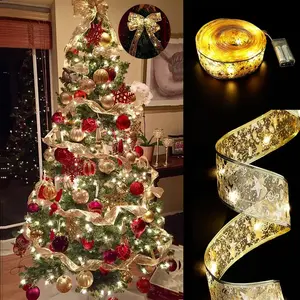 2Pcs 16.4ft Christmas Ribbon Fairy Lights Golden Christmas Lights Lighted Ribbon Garland for Christmas Tree Golden Garland Christmas Decorations Indoor Party Decorations, Decorative String, Christmas Tree Lights, Home Decorators(Warm White)
