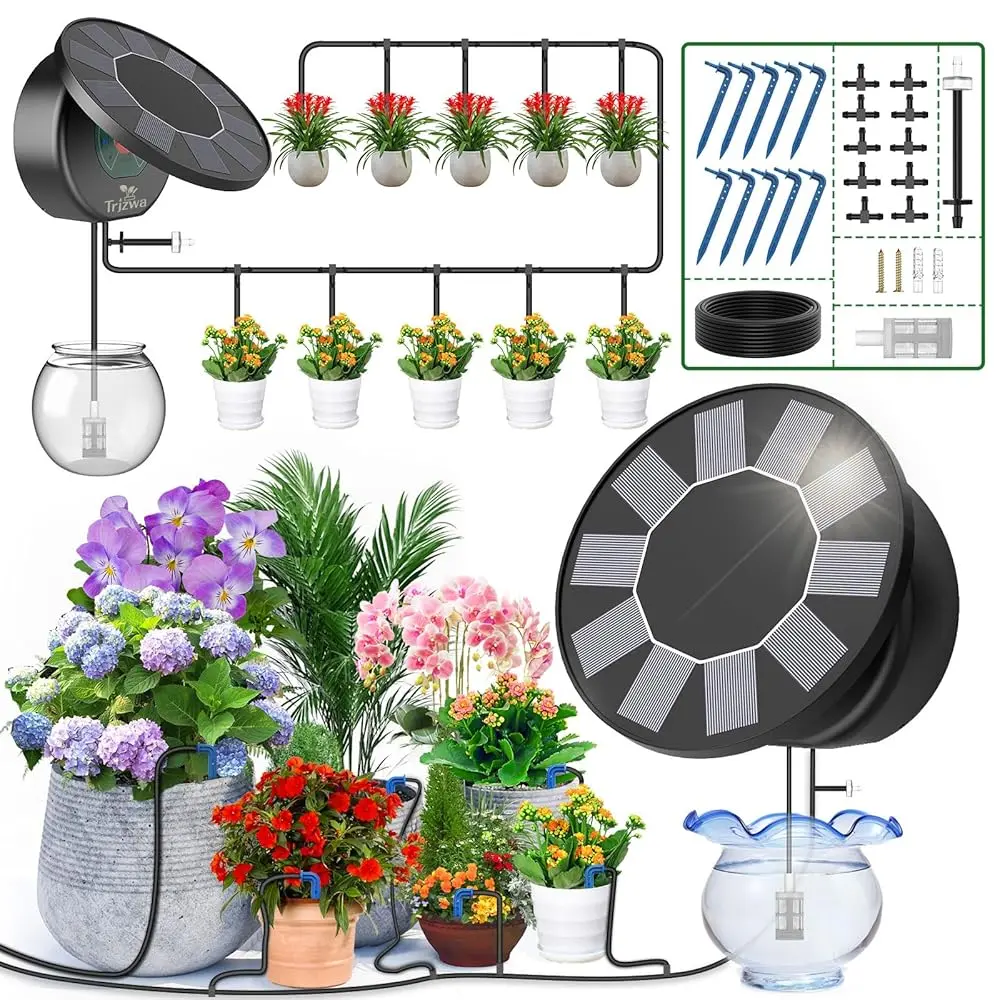 Solar Self Watering System, Adjustable Automatic Plants Watering Garden Irrigation Kit with 15m Flexible Hose, 12 Smart Watering Modes, Irrigation System for Garden