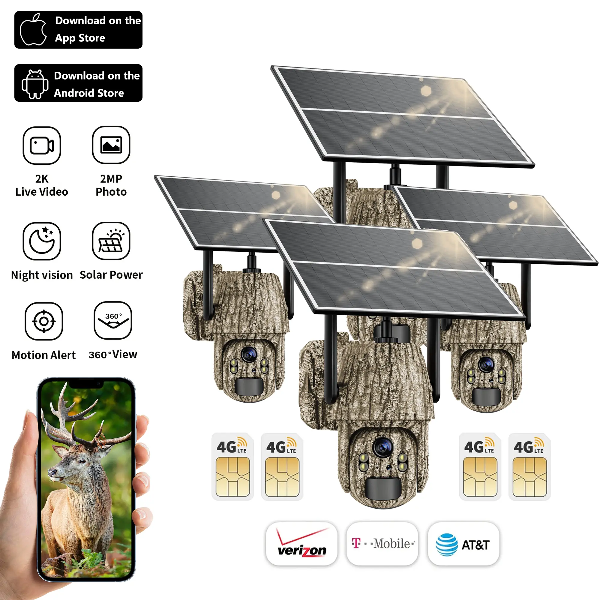 4-Pack Solar Powered 4G LTE Cellular Trail Cameras with Built-in SIM Card, Unlimited Data Plan, 360° Full View Live Video, 2K HD Resolution, PIR Night Vision, IP65 Waterproof, Solar Power Compatibility (Home Improvement Security Camera)