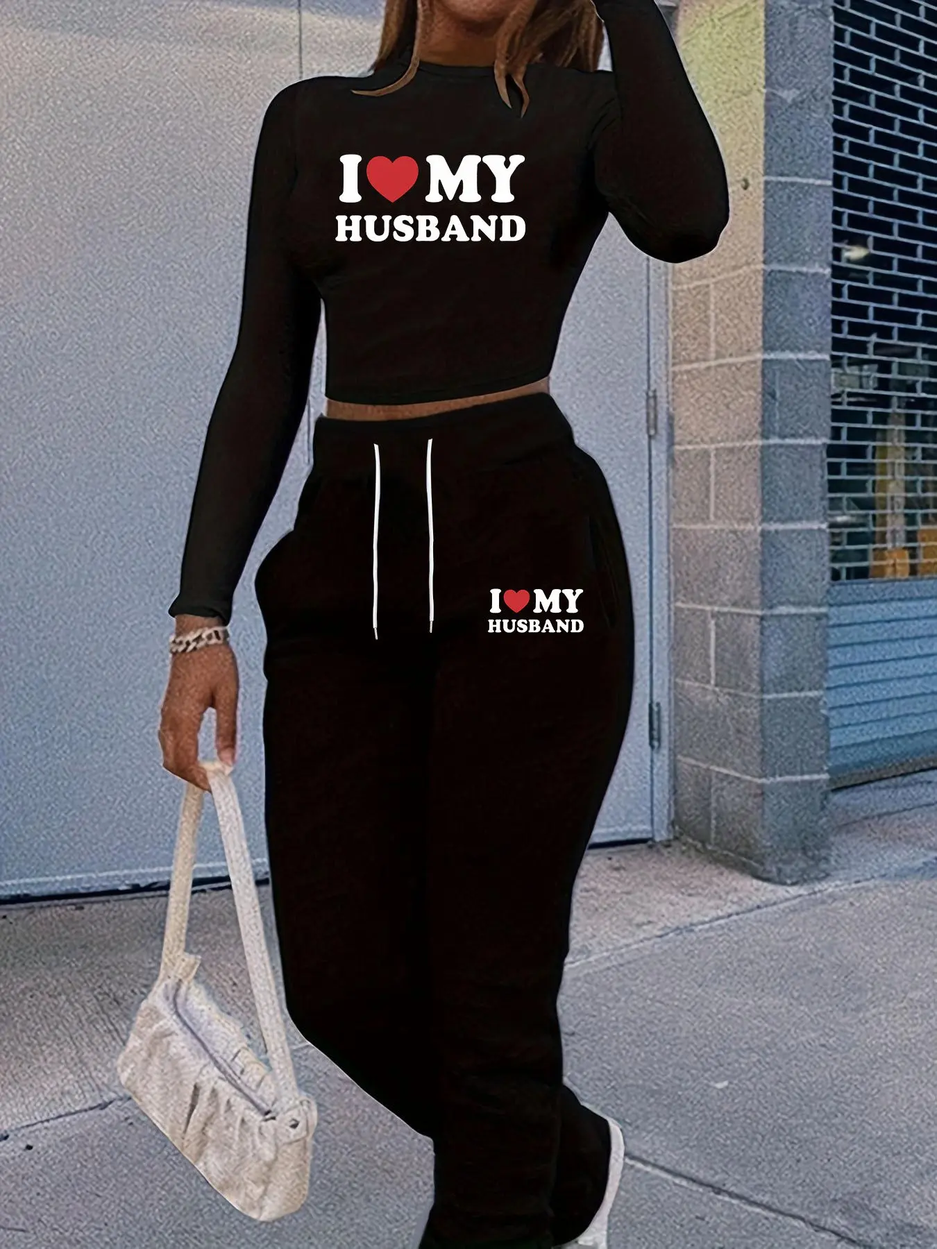I Love My Husband 2-Piece Fitted Outfit - Red Heart Print Crop Top Long Sleeve & Sweatpants Matching Set Printed Womenswear, Clothes