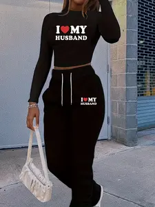 I Love My Husband 2-Piece Fitted Outfit - Red Heart Print Crop Top Long Sleeve & Sweatpants Matching Set Printed Womenswear, Clothes