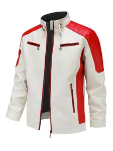 Men's Fashion Colorblock Stand Collar PU Leather Jacket, Motorcycle Style Multi-Pocket Design, Stylish Casual Outerwear, Casual Fitted Jackets