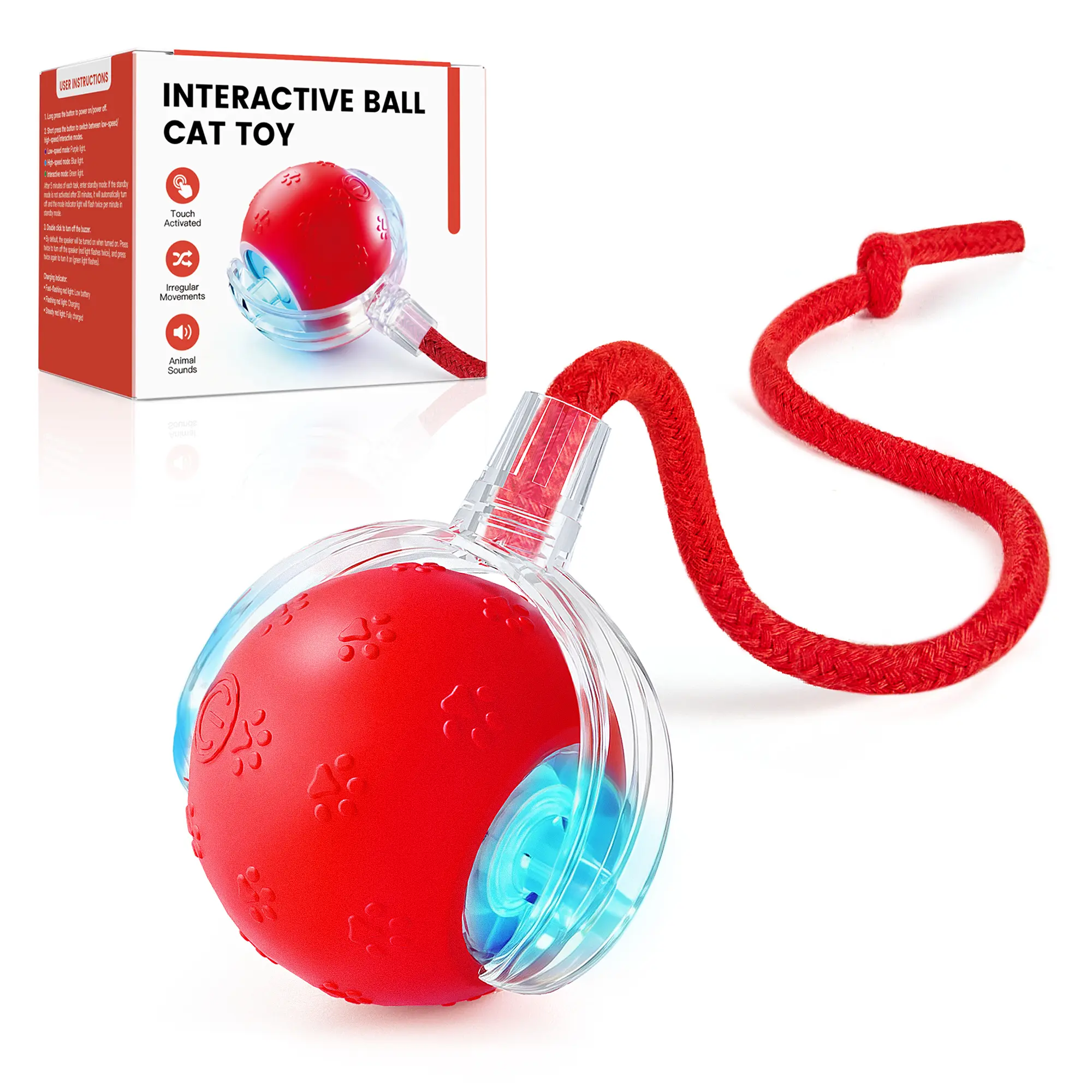 Potaroma Smart Touch‑Activated Interactive Cat Toy Ball, USB Rechargeable Rolling Pet Ball with Rope, Bird Sound & LED Light, 3 Play Modes for Indoor Kitten Small Dog Boredom Relief
