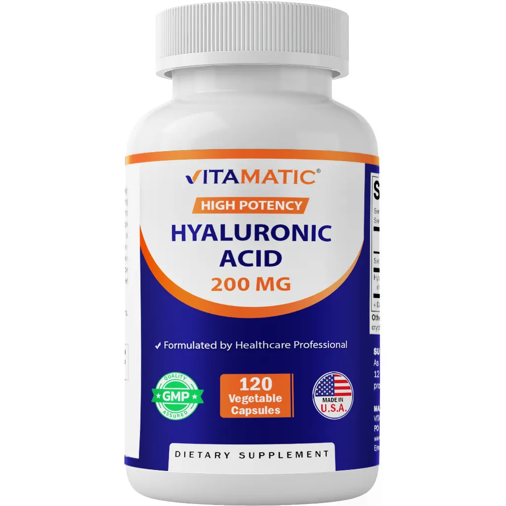 Vitamatic Unflavored Healthcare Beauty Supplement - 200mg Hyaluronic Acid Dietary Capsules, US-Made, 120 Count, Supports Healthy Connective Tissue & Joints, Enhances Youthful Skin, Free of Sugar, Yeast, Wheat, Egg, Artificial Color, Flavor & Preservatives