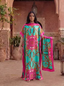 Elegant Dopamine Color Set, Simulated Silk Chain Print Design, Moo Moo Long Dress Robe, Sun Protection Satin Scarf for Women