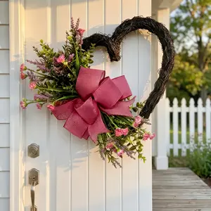 18" Pink Lavender Heart Wreath - Large Romantic Valentine's Day Front Door Decor, Rustic Spring Lavender Wreath for Wall, Window & Porch Ornaments