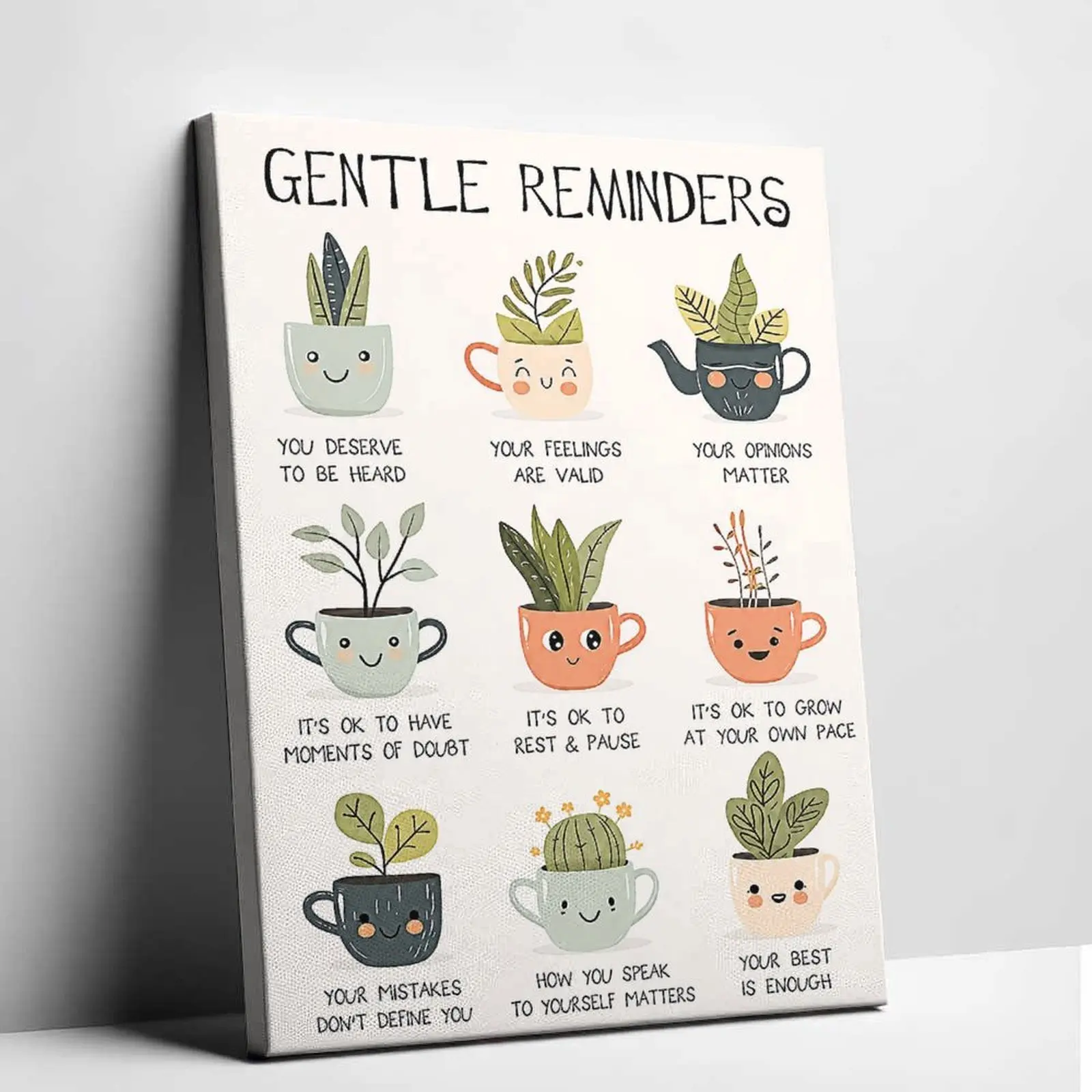 Gentle Reminders Canvas Wall Art Mental Health Positive Quote Poster Print Cute Plant Pot Canvas Painting Self Care Daily Affirmations Graphic Picture Decor for Living Room Bedroom Studio