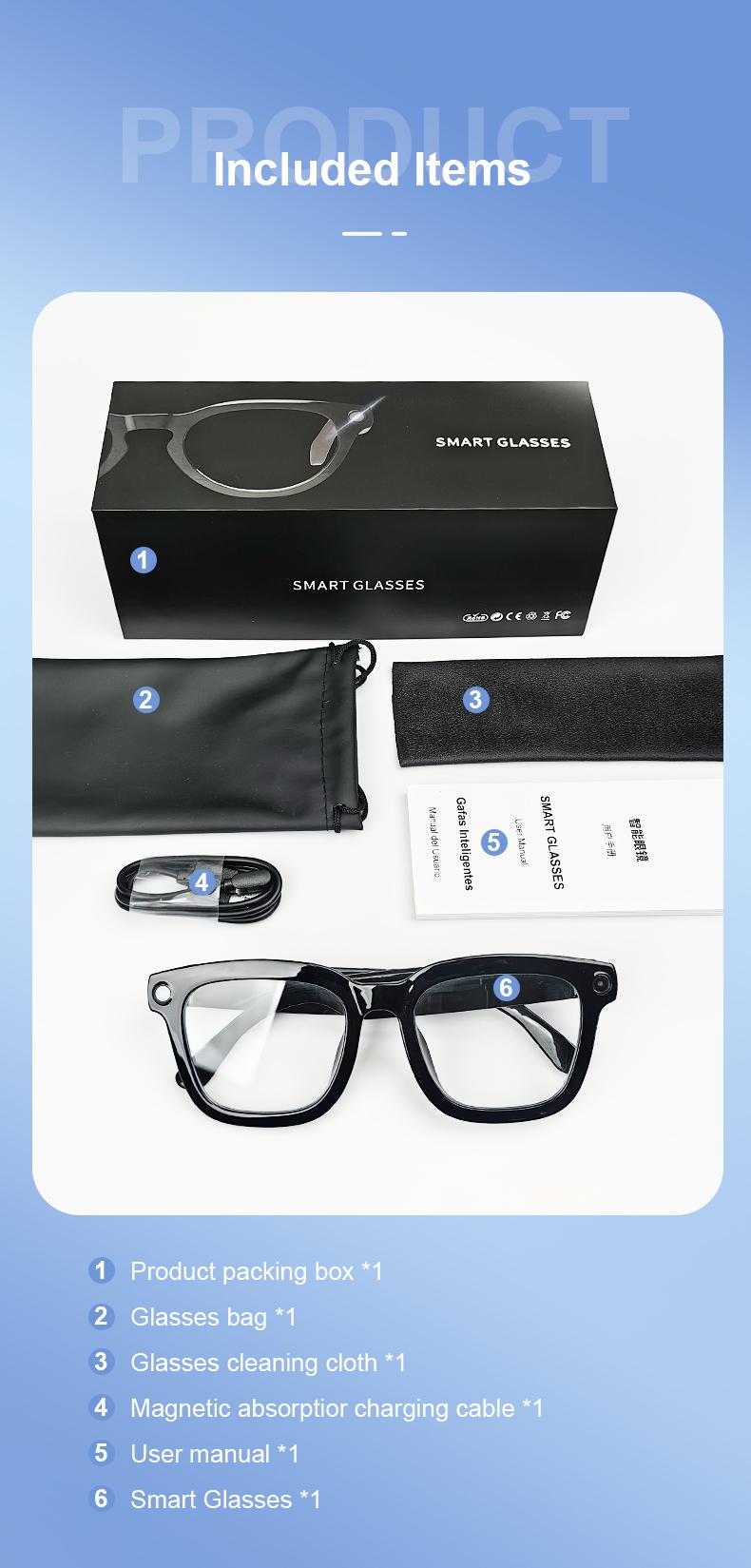 Smart Bluetooth Glasses with Camera, 1080p Video Recording Wearable Glasses, Multifunctional Wireless Audio Glasses with Headphone, Outdoor Sports Camera Sunglasses with Intelligent Voice Assistant, Anti-blue Light Protection Eyeglass fathersdaygift