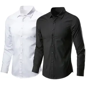 Men's Long Sleeve White & Black Shirt Wrinkle Free Business Formal Slim Fit Korean Style Professional Work Casual Suit Shirt