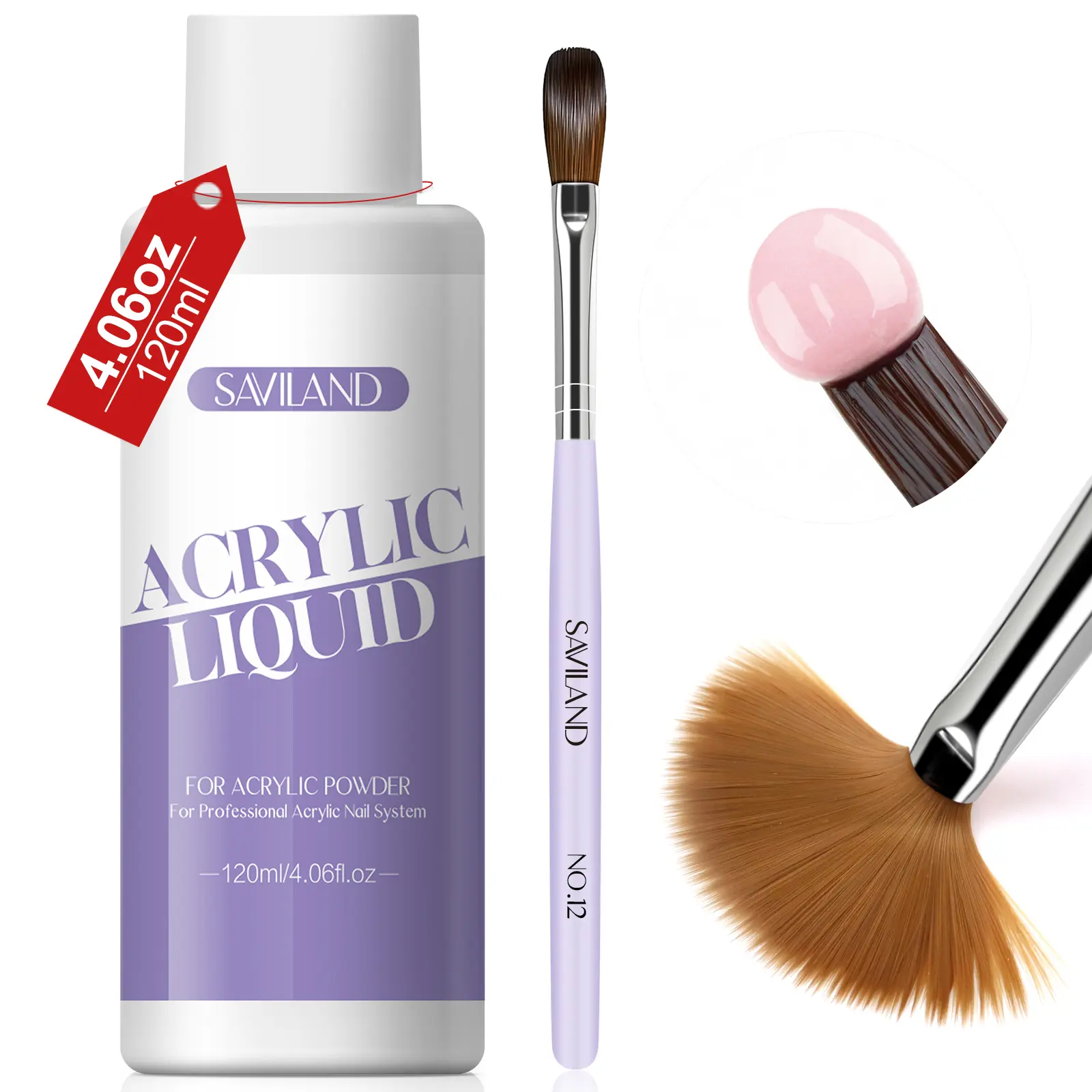 SAVILAND 4oz Acrylic Monomer Liquid with #12 Acrylic Nail Brush for Smooth Powder Application Non-yellowing Formula DIY Home Use & Nail Salons