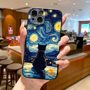 Phone Case - Matte Frosted Phone Case, featuring a scene of a black cat gazing at a starry sky in a village, compatible with iPhone models from 17 to 11 and X series. It has a liquid simulation texture, is skin-friendly and fingerprint-resistant