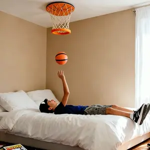 In-Stock: Portable Indoor Ceiling-Suspended Basketball Hoop Set—a Mini Basketball Game Toy. Suitable for adults and people of all ages, this portable hoop comes complete with a basketball and an air pump.