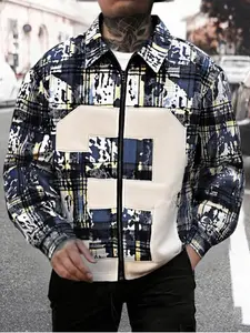 Men's Trendy Plaid Patchwork Shirt, Shein Vintage Distressed Zipper Design, Blue Grid Pattern, Loose Short Fit, Street Style, Casual