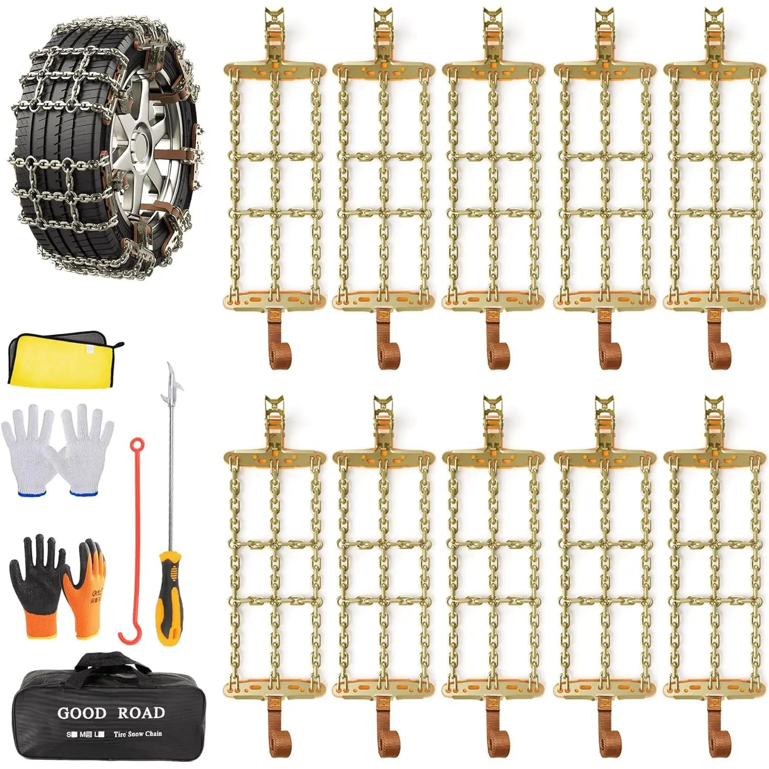 SUV Tire Chains - Thickened Manganese Steel Snow Chains with Grip, Fit Tire Width 235-285mm, Suitable for Ice & Mud (10 Packs)