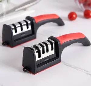 Knife Sharpeners for Kitchen Knives– Stainless Steel 4 in1 Kitchen Knife Sharpener – Ergonomic and Easy to Use Knife Sharpening Kit with 4 Stage Sharpening Slots Black