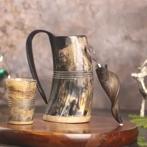 Viking Drinking Horn Mug, 16-20oz| Shot Glass and Bottle Opener| Unique Handmade Ox Mug Set for Hot & Cold Drinks| Viking Gifts for Men & Women| Food Grade Medieval Style (Ring)