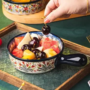 Hand-Painted Ceramic Baking Bowls with Vintage Floral Design, Two-Handle, for Casseroles, Salads, Cheese Serving, Durable & Decorative