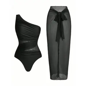 Trendy Two Piece Swimsuit Set One Shoulder One Piece with Mesh Beach Skirt Summer Swimwear