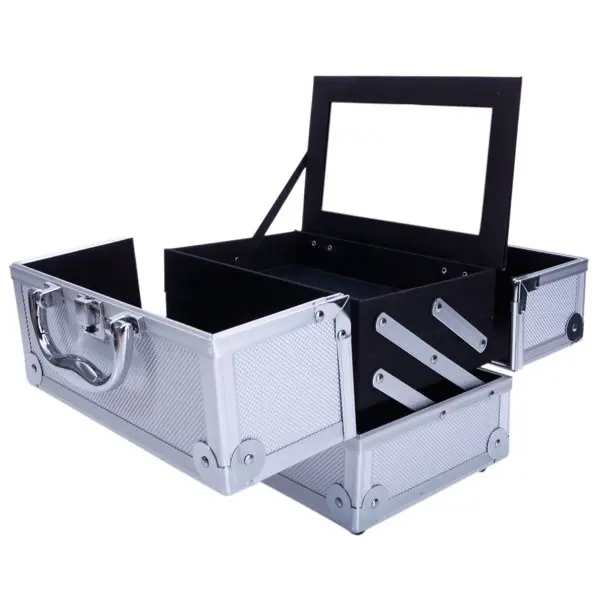 Silver Rectangular Aluminum Makeup Organizer with Mirror - 9"x6"x6" Portable Vanity, Make Up Travel Bag Organizer for Makeup Products, Glam Jewelry Toiletry Storage Box