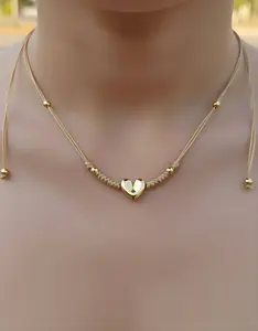 Adjustable Beige Thread Necklace with Brass Heart and 18k Gold Plating