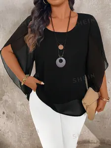 Chiffon Top with Sheer Flared Sleeves, Lightweight Stretch Fabric, Perfect for Casual, Office, Dates, Summer
