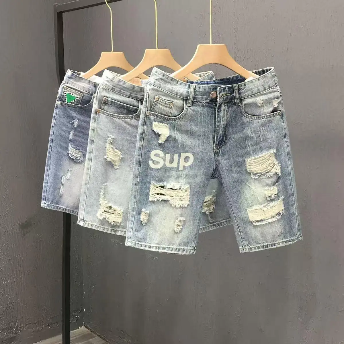 Men's Stylish Ripped Cotton Denim Jeans Shorts - 5-in Slim Fit, Multi-Size Menswear Bottoms, Summer Streetwear with Printed Logo, Versatile for T-Shirt Pairing