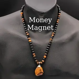 Money Magnet Necklace for Men and Women Natural Tiger Eye & Black Obsidian Stone Beads Healing Crystal Pendant for Wealth Abundance & Protection Lucky Jewelry
