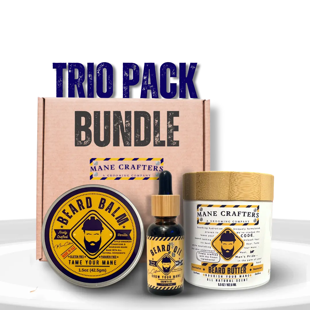 Mane Crafters Trio Pack - Premium Lard Infused Non-Greasy Beard Butter (Unscented 5.5oz)- Beard Balm (Vanilla 1.5oz)- Beard Growth Oil (Vanilla-Citrus 1oz) Keep Your Beard Soft Hydrated and Fresh
