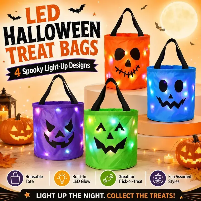 4 Pcs Halloween Candy Bucket with LED Lights Non Woven Gift Bags Trick or Treat Bags Pumpkin Candy Bags Reusable Tote Bags for Kids Students Adults, Night Light Bags for Home Garden Lawn Decorations, Halloween Birthday Christmas Party Favor Supplies