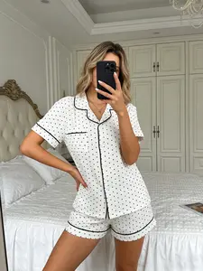 Cute Women’s Polka Dot Print Pajama Set, Two-Piece Fitted Short Sleeve Cardigan and Shorts, Comfy Homewear for All Seasons, Stylish Sleepwear for Parties