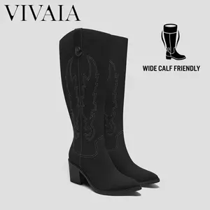 VIVAIA Women's Point-Toe Embroidered Western Cowboy Chunky Heels Boots Knee High Vintage Style Pointed Toe Cowgirl Boots, Wide Calf Boots for Western Events Horseriding Cowboy Boots, Suitable for Vacations (Willow&Wynne)