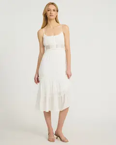 Express Scoop Neck Button Front Smocked Back Tiered Midi Dress