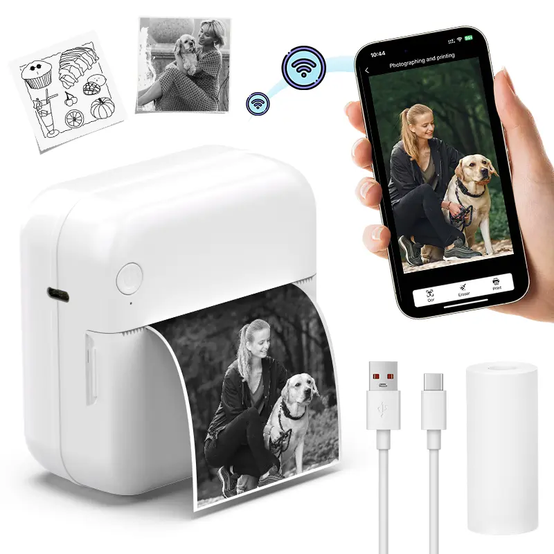 Portable Wireless Mini Thermal Label Printer - Instant Printing for iPhone/Android, 1 Free Thermal Paper Roll, USB Charging, Ideal for Office Use, Perfect for Halloween, Christmas, Easter Gifting for Parents, Battery-Powered, Batteries