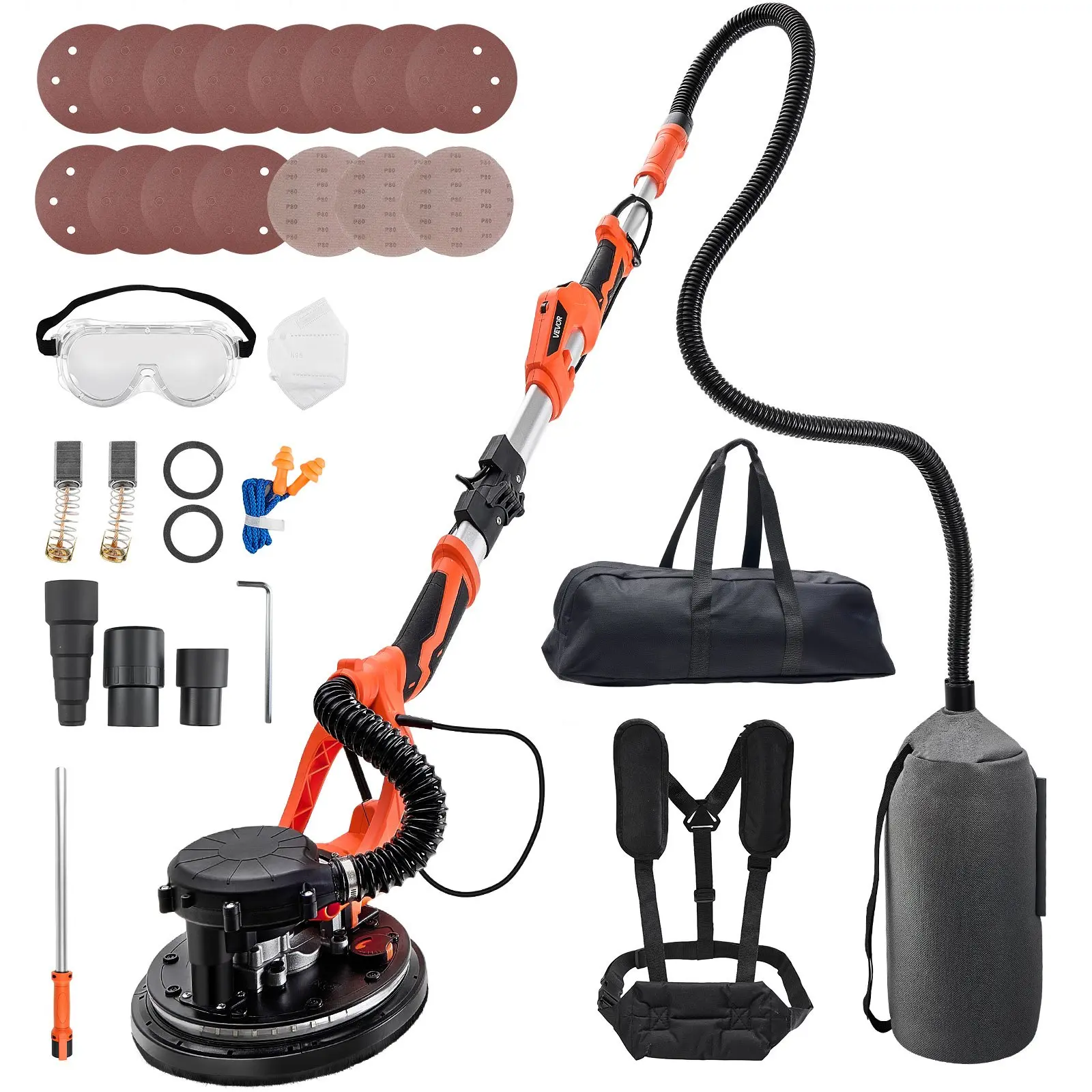 VEVOR Drywall Sander, 1150W Electric Drywall Sander, Popcorn Ceiling Removal Tool with Vacuum Dust Collection, 5 Variable Speed 800-1700 RPM, LED Light, Foldable Extendable Handle, 15 Sanding Discs