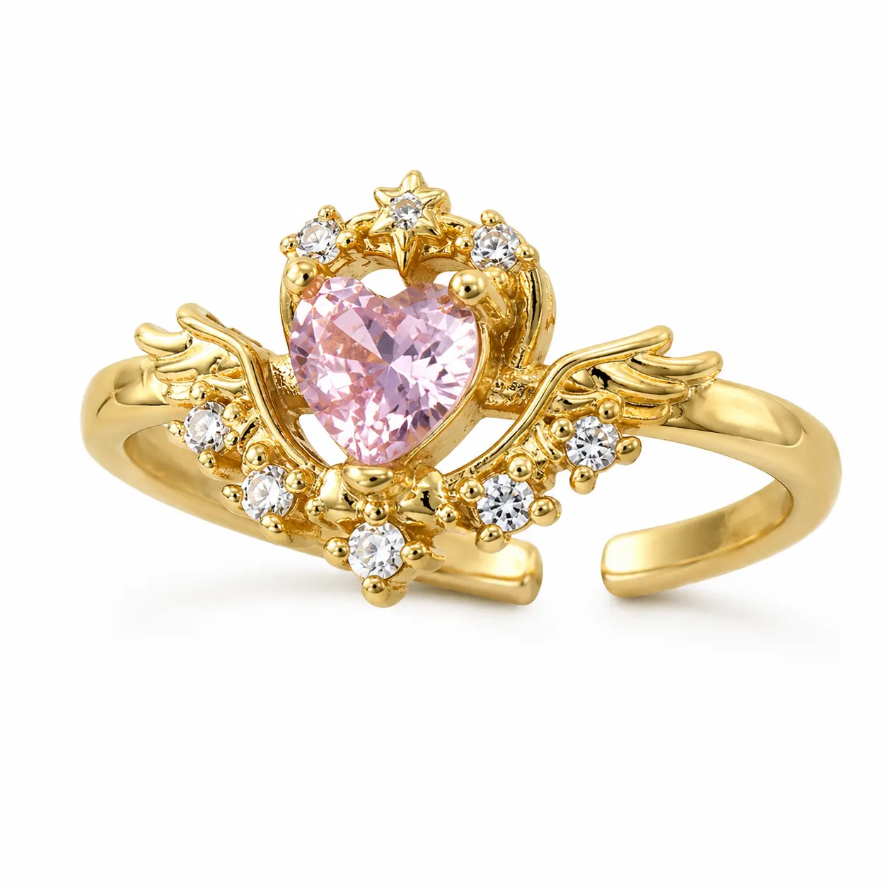 Pink CZ Heart Ring for Women, Gold-Plated Copper Adjustable Open Band Ring with Clear CZ Accents, Wing Crown Design Fashion Jewelry Gift
