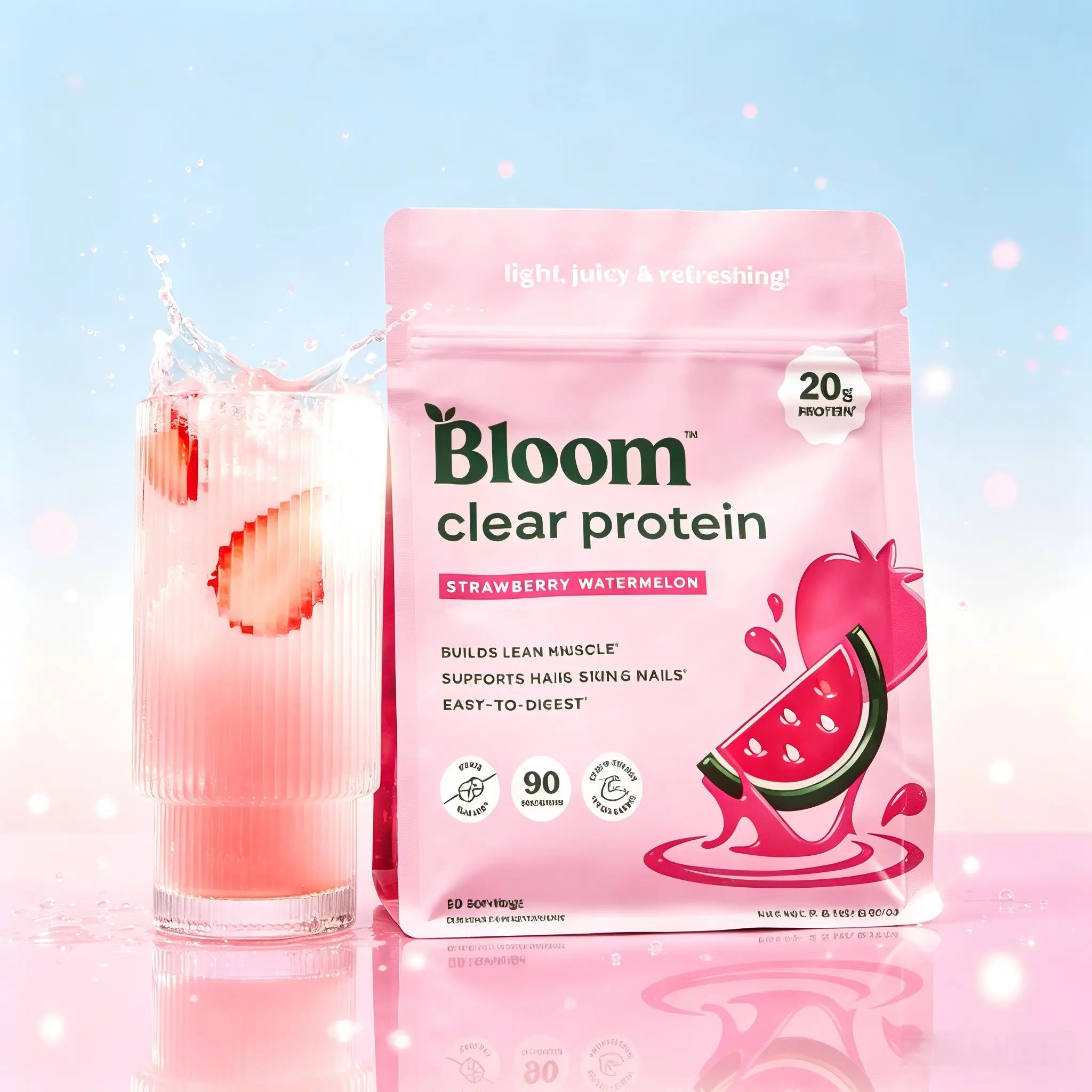 Bloom Nutrition Clear Protein Powder, Strawberry Watermelon Flavor, 20g Whey Collagen Protein, Zero Sugar, 90 Calories, 10 Servings